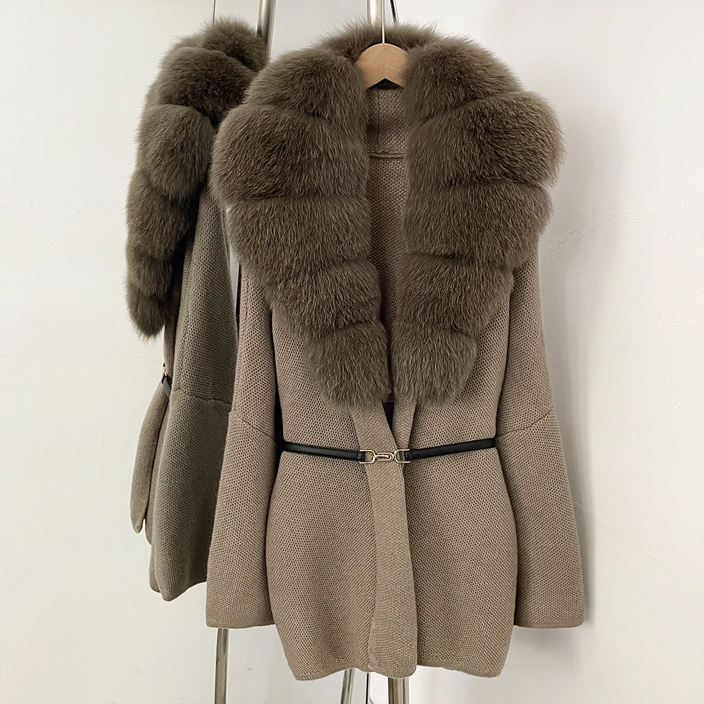 Real Fox Fur Jacket Women's Sweater Oversize Sweater Women's Knitted Jacket with Natural Fur Female Knit Coat Clothing Outerwear