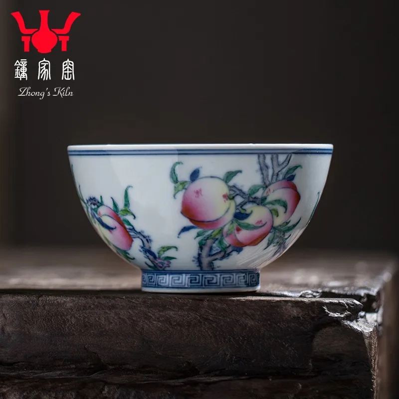 Zhongjia Kiln Master Cup Single Cup Jingdezhen Kung Fu Tea Cup Tea Set Blue and White Color Firewood Kiln Longevity Peach Patter