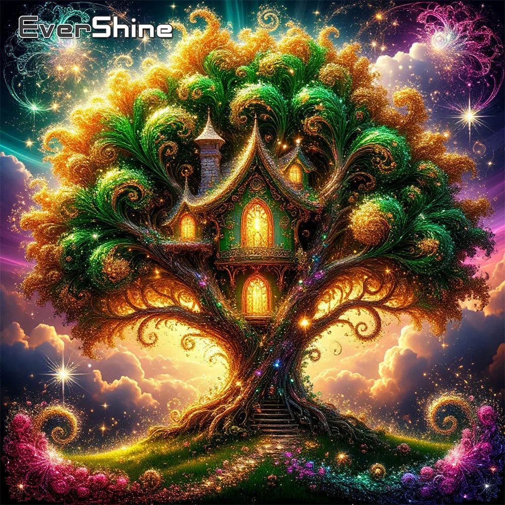 Evershine DIY Diamant-Mosaik Landschaft Vollquadrat-Diamantmalerei Baum Strass-Bild Diamant-Stickerei Haus Wandkunst