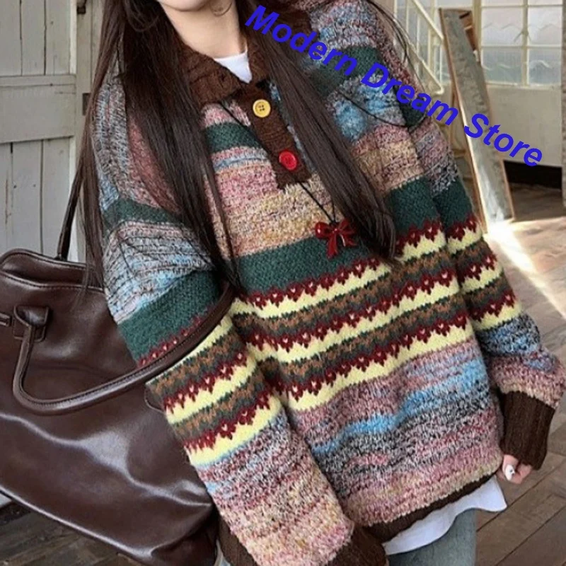 French Retro Color Contrast Lapel Pullover Women's Autumn and Winter New Fashion Lazy Wind Loose Slim Joker Wear Knitted Tops. 3