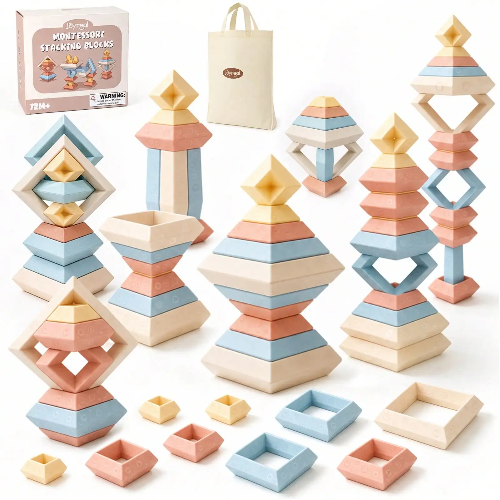 30‑Pcs Montessori Stacking Blocks for Toddlers 1‑3 Years Old, Nesting & Building Toy Set with Storage Bag, STEM Educational Fine Motor Learning Playset, Safe Early Development Play Toy for Boys and Girls Ages 12 Months and Up