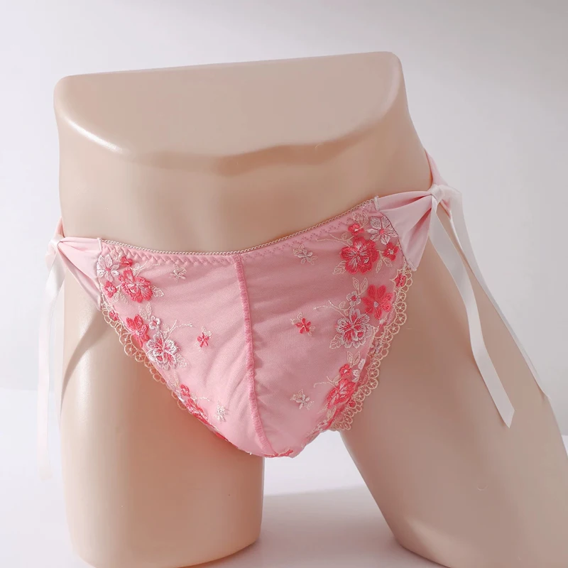 Men's Lace Floral Embroidery Pink Underwear with Ruffle Edge Waistband Sexy and Comfortable Panty Performance Dance Costumes