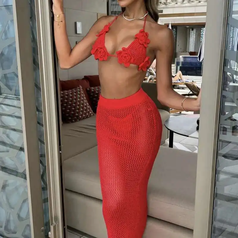 

Летний комплект бикини с лямкой на шее и цветочной запахом на груди, перспективный вязаный длинный костюм с юбкой, женский сексуальный однотонный купальник на шнуровке с высокой талией