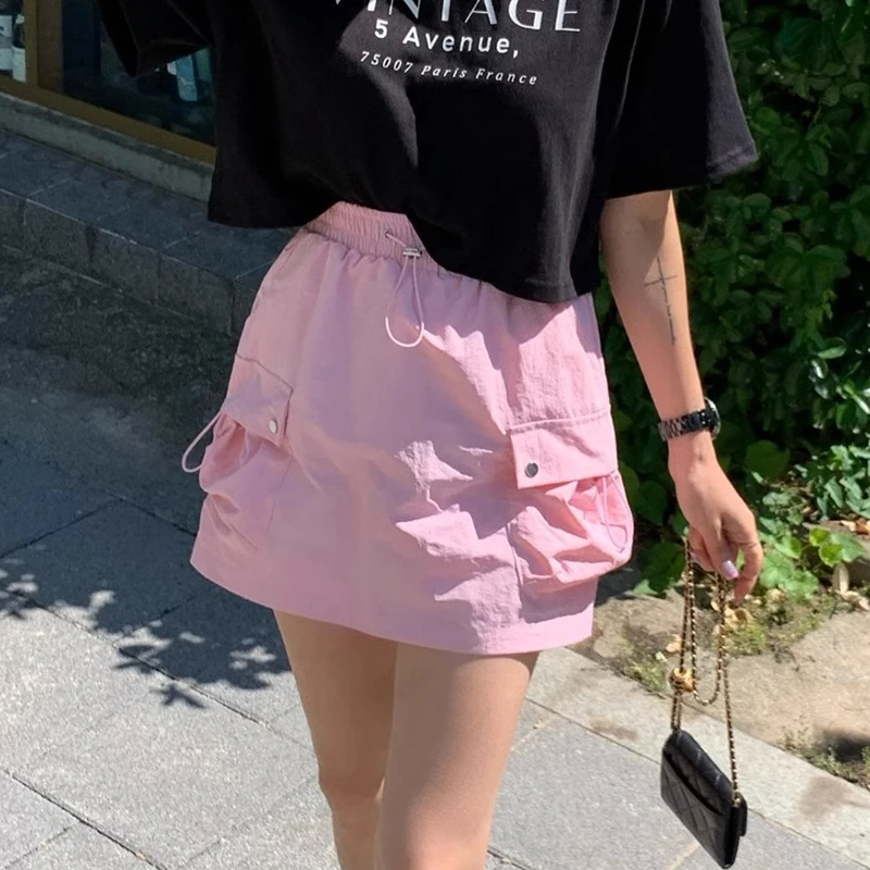

Sweet Summer Chic Elastic Waist Work Skirt Skirt Women's Sle Large ket A-Line Skirt Korean Sle Commute Skirt