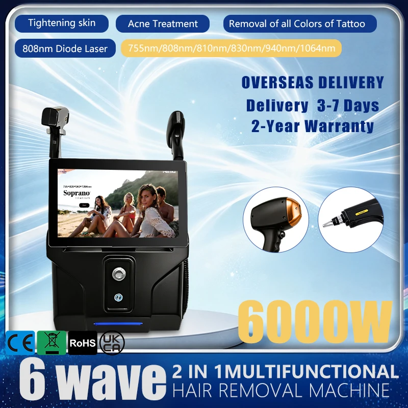 Matte Black 2‑in‑1 Multifunctional Beauty Machine 6 Wave  Diode Laser 6000W Permanent Hair Removal All Color