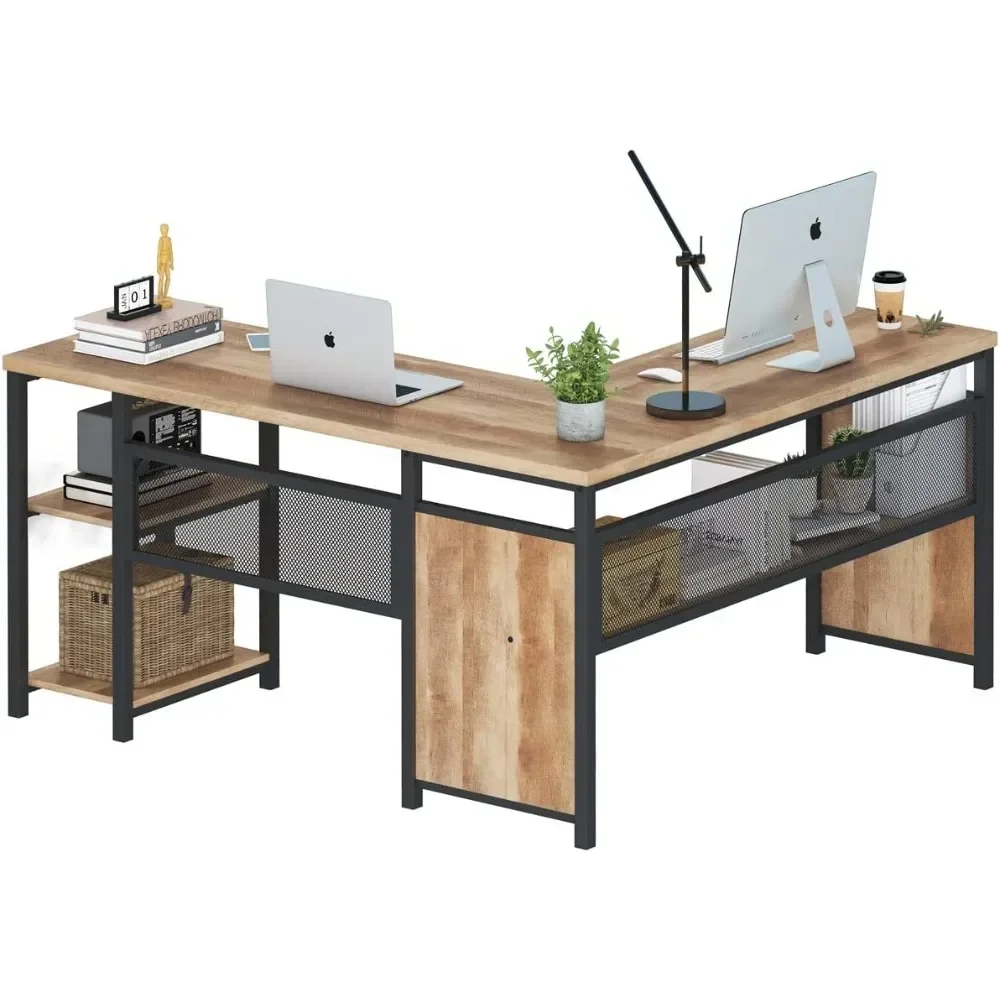 Computer Desk, Industrial Office Desk with Shelves, Reversible Wood and Metal Corner Desk for Home Office (Rustic Oak, 59 Inch)