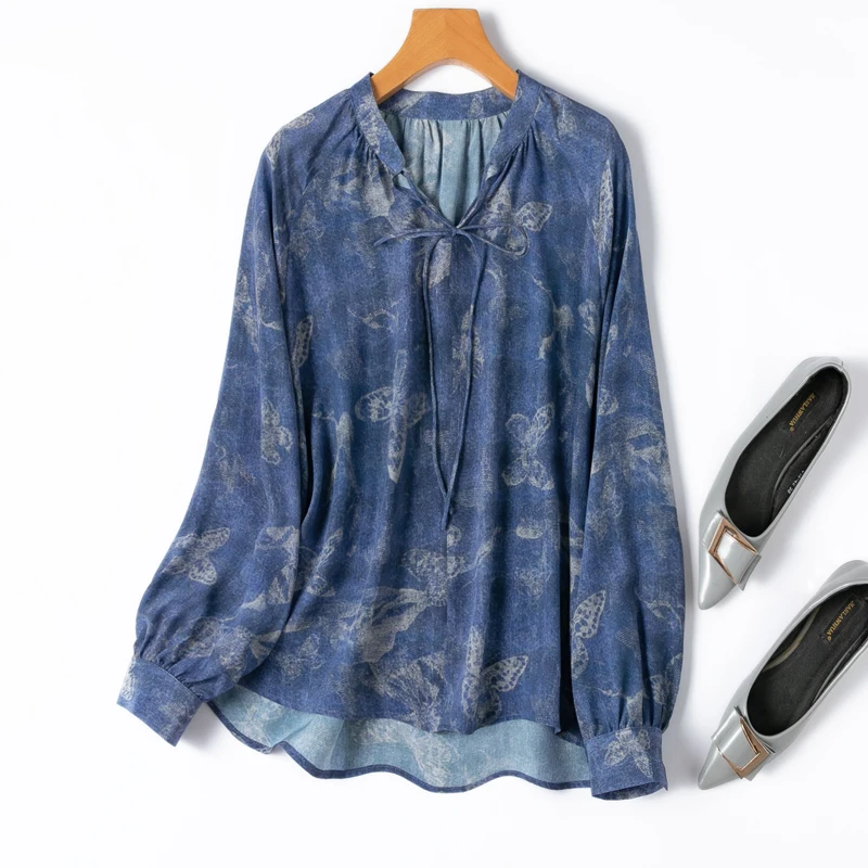 Vrouwen Zijden Blouse 100% Moerbei Crêpe Zijde Denim Blauwe Vlinder V-hals Trui Top Shirt Office Lady M1208