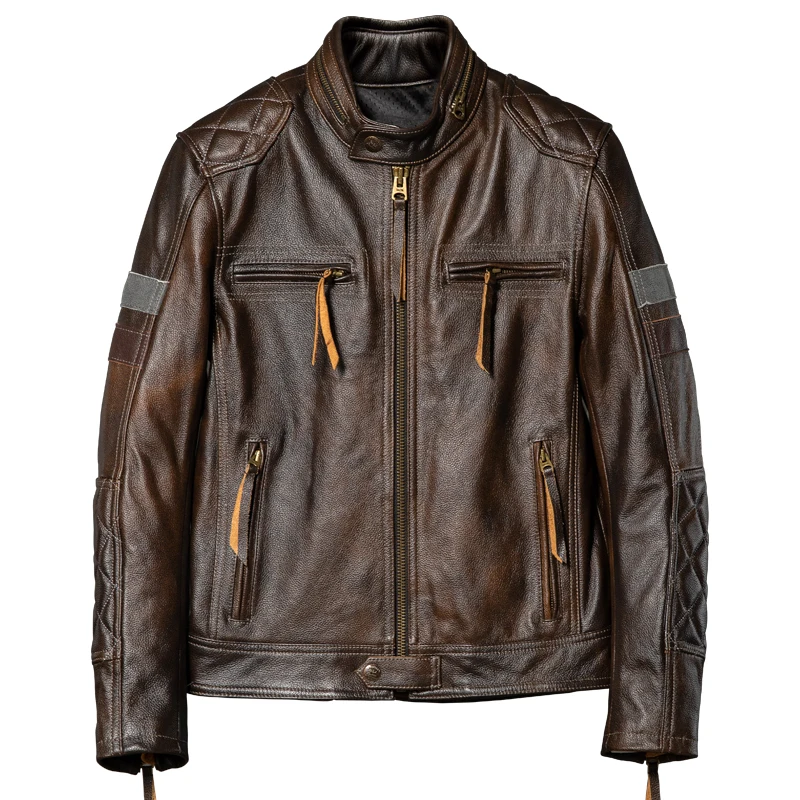 Dark Brown Autumn Leather Jacket Men Retro Style Plus Size 6XL Genuine Natural Cowhide Add Protection Device Motorcycle Coat