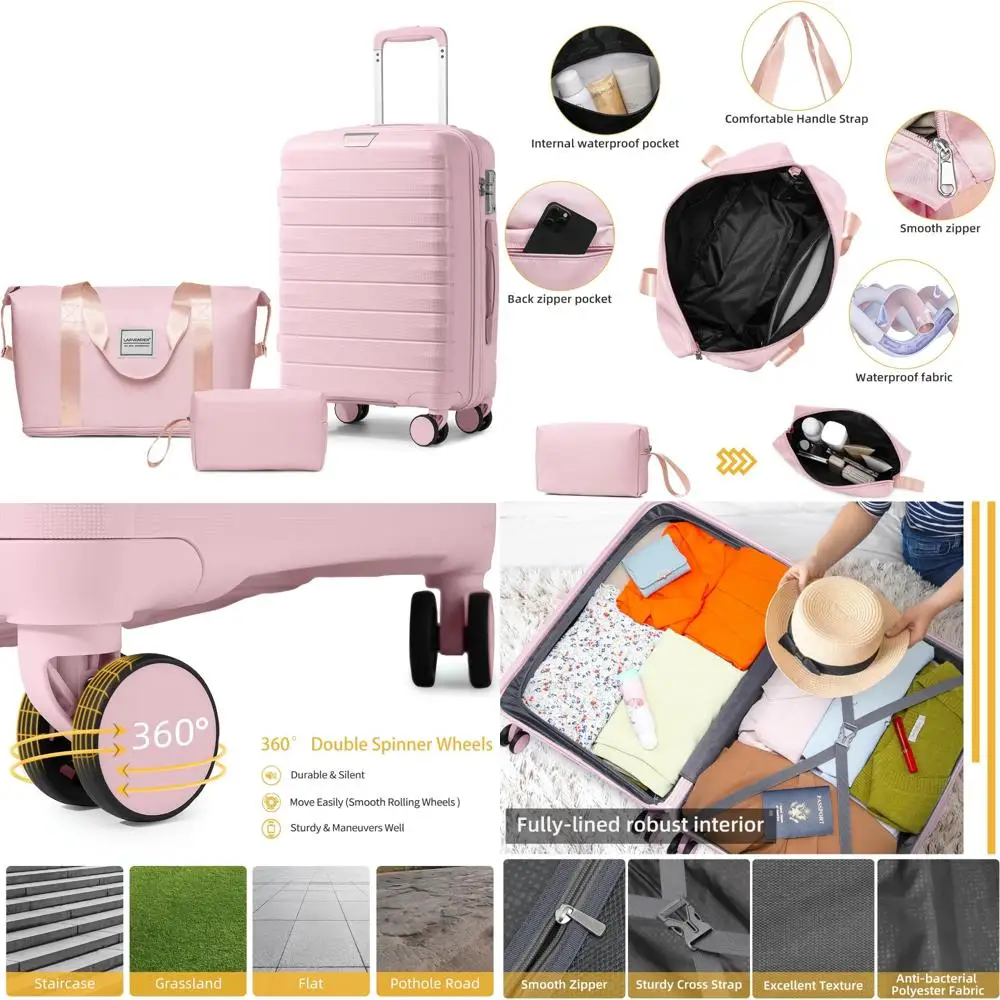 Juego de equipaje rígido Spinner de 3 piezas con cerradura TSA, bolso de mano y bolsa de lona para viaje