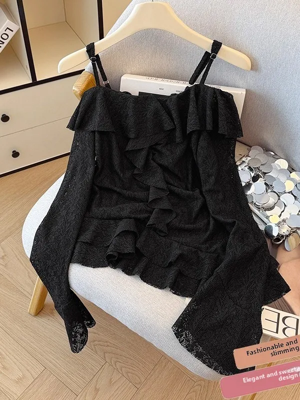 

Женская футболка с асимметричным кружевным декором на одно плечо и длинным рукавом, новинка ранней осени, универсальный топ в стиле Spicy Girl, элегантный и шикарный.