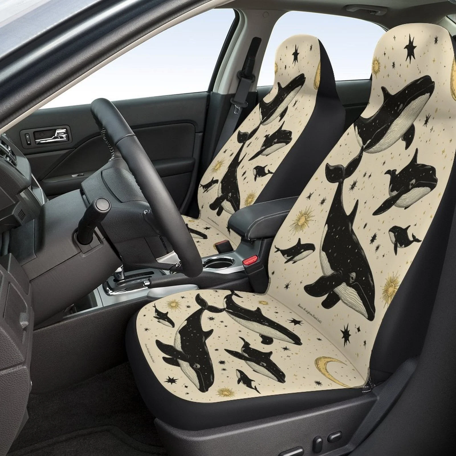 Car Seat Cover Set Featuring Whales And Stars, Suitable For Various Vehicles. Stylish And Unique, This Full Set Includes Covers