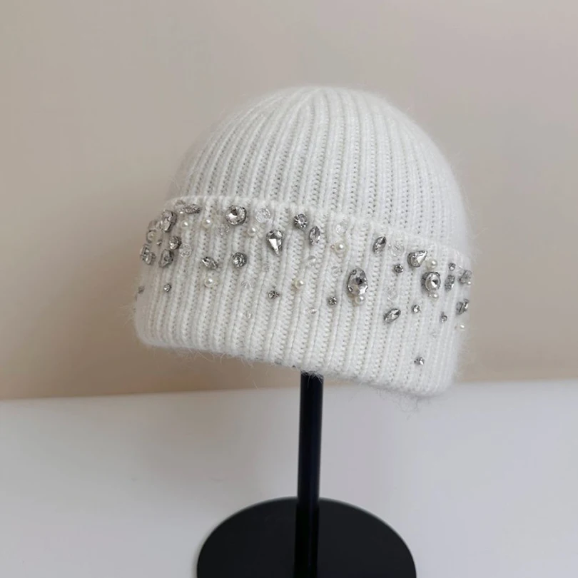 

Hat Rhinestone Women Winter Beanie Angora Knit Autumn Warm Skiing Accessory For Cold Weather Sport Outdoor Holiday Luxury