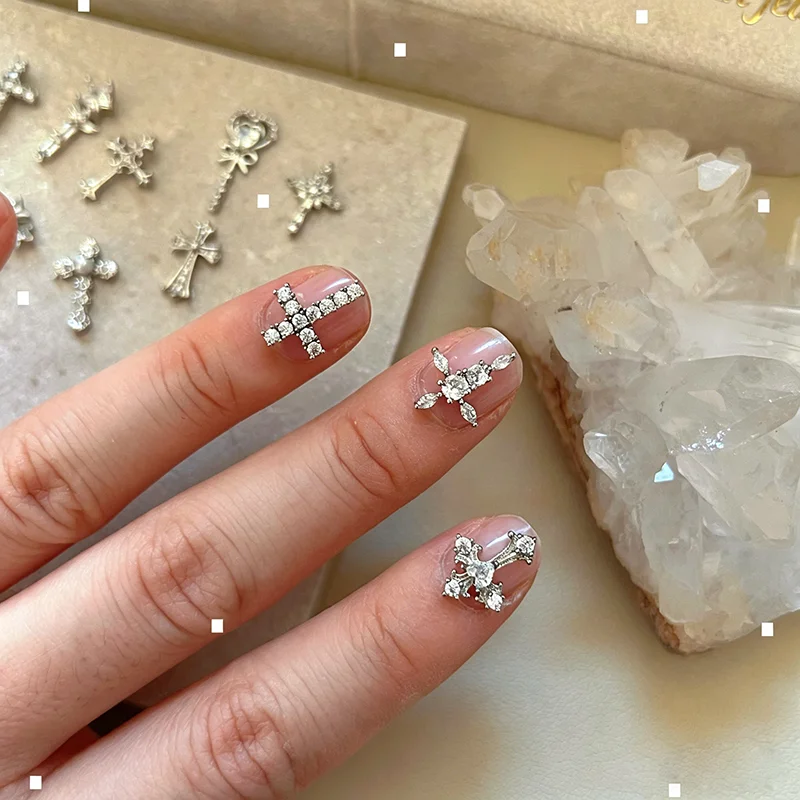 12 Pcs Box Mixed 5A Zircon Cross Nail Charms Vintage Punk Y2K Style Silver Tone Gemstone Inlaid Premium Metal Heart 3D Nail Set