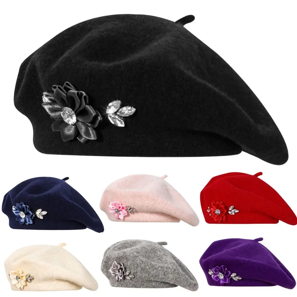 Soft Wool Knitted Beret Hat Crystal Embellishment Floral Rhinestone Decor French Style Cap Outdoor Warm Multi-Color Beret