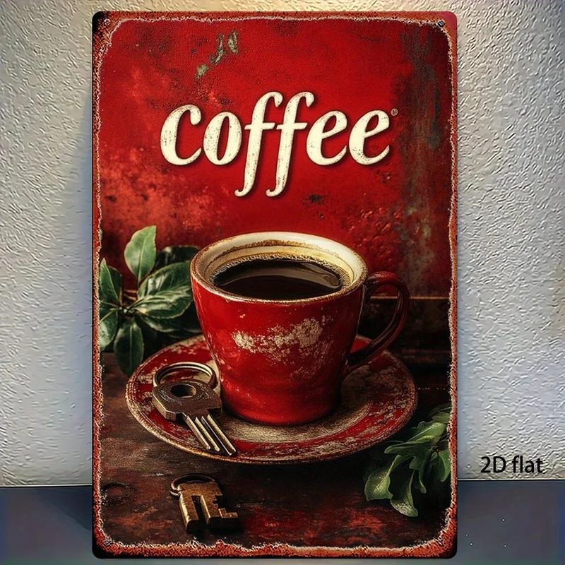 2D Flat, 1pc, Metal Sign, Vintage Coffee Cup Key Metal, with a Vintage Distressed Look, Suitable for Home And Restaurant Cafes,