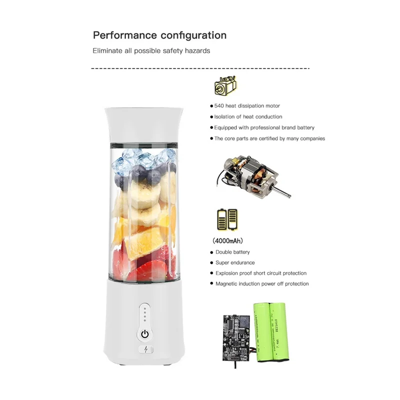 

ABMH-Portable Electric Blender Mini Handheld Fruit Mixer With 6 Blades Personal USB Rechargeable Juices Cup 500ML