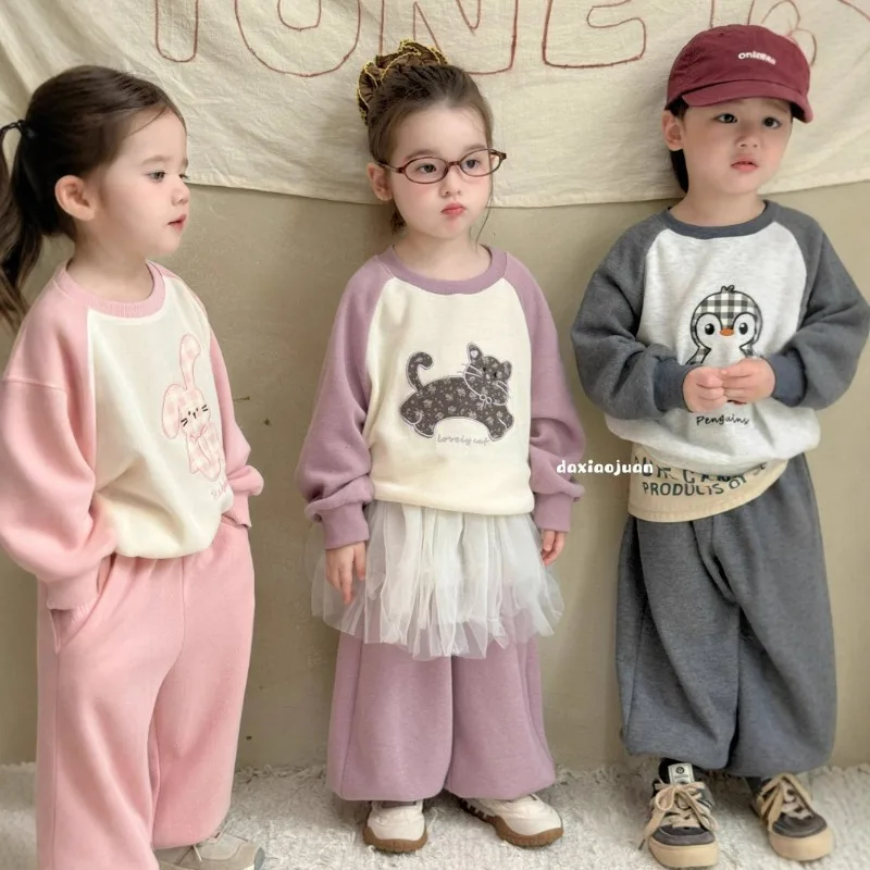 

2pcs Kids Clothes 2025 New Autumn Korean Cartoon Sweatshirt Sportswear Casual Hoodies +pants for Baby Boys and Girls Pullover