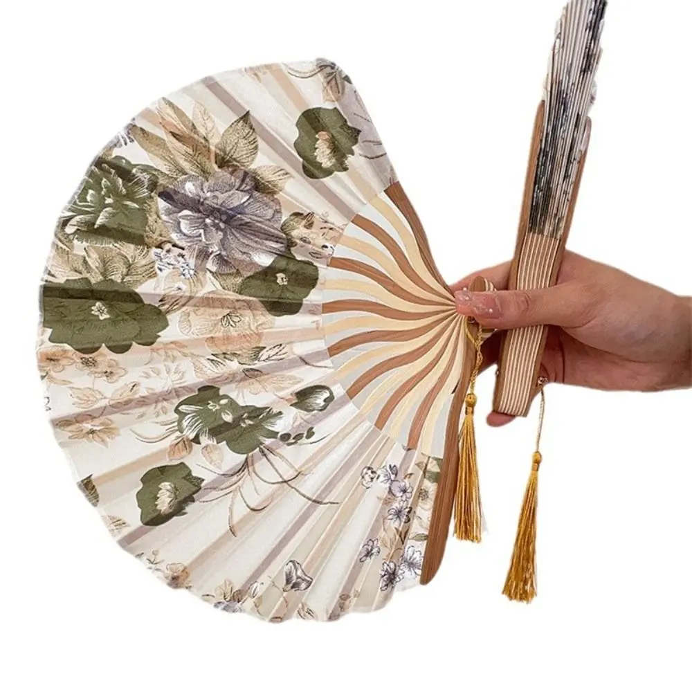 Bamboo Ancient Hand Fan Silk Tassel Elegent Vintage Folding Fan Hand Fan Colorful Shank Classical Dance Fan Hand Fan