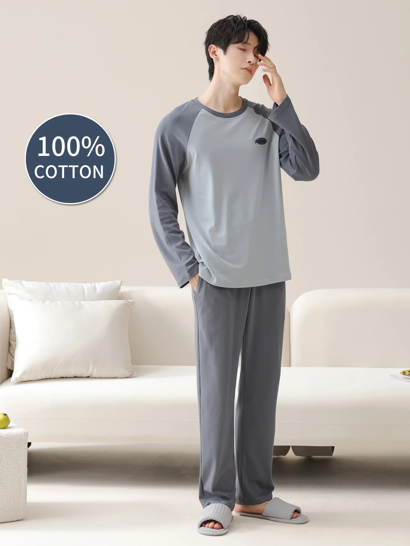 ملابس نوم رجالية 100% قطن بأكمام طويلة للفصول الأربعة مقاس كبير، طقم بدلة منزلية من القطن الخالص للمراهقين للدفء #2