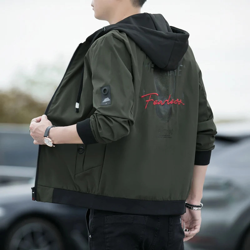 

Spring Summer Men's Hooded Jaet Contrast Color Print Embroidery Sports Sle Thin Casual Outerwear Stand Fit Zipper Closure