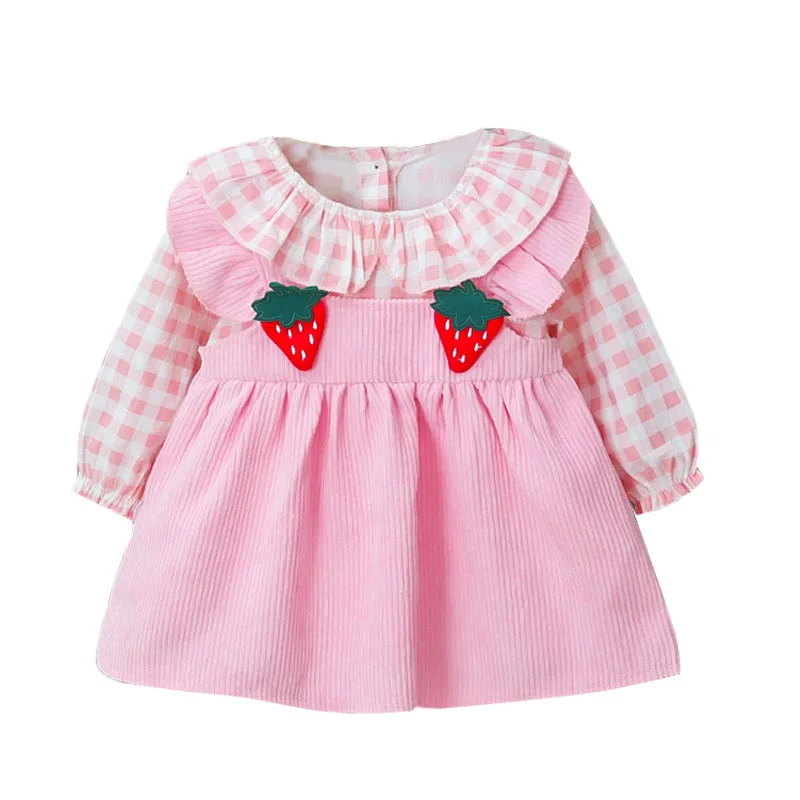 

Cute Baby Girl Dress Clothes Strawberry Pink Plaid Toddler Dress Birthday Party Princess Costume Doll Collar Kid Children A939