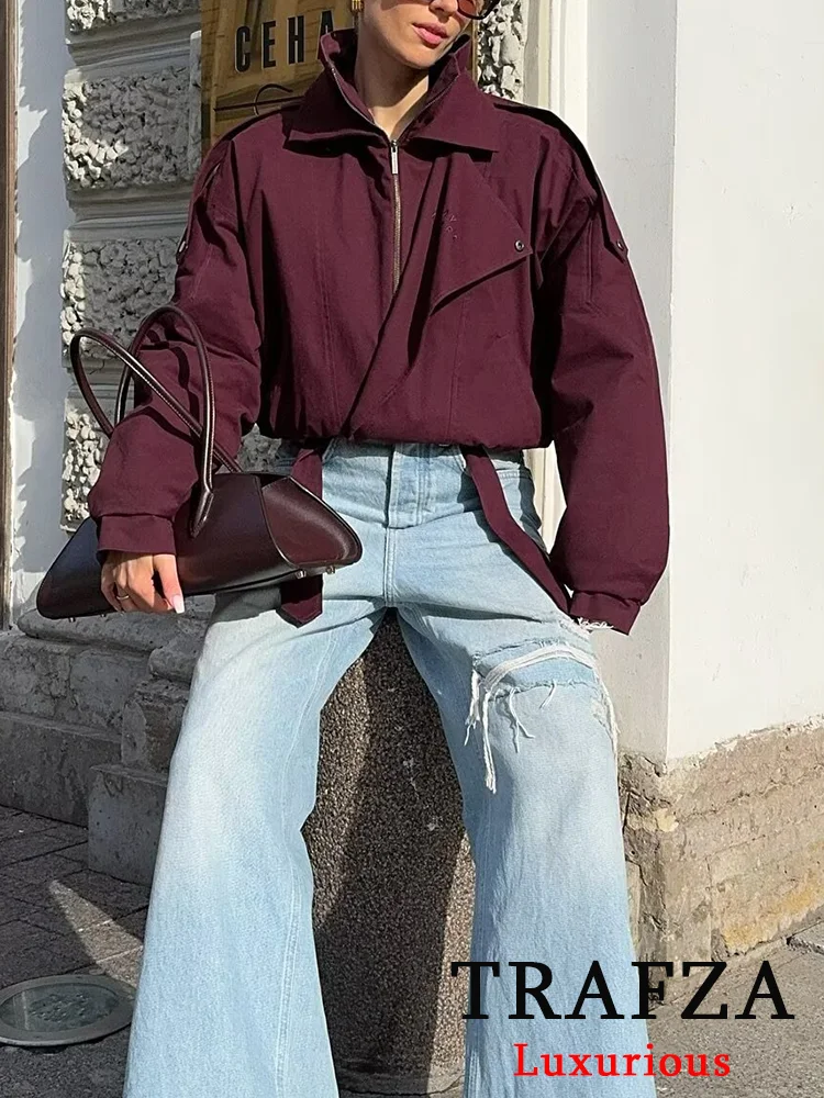 

TRAFZA Casual Chic Women Jackets Solid Long Sleeve Bow Zipper Pockets Bomber Coats New Fashion 2025 Autumn Winter Holiday Coats