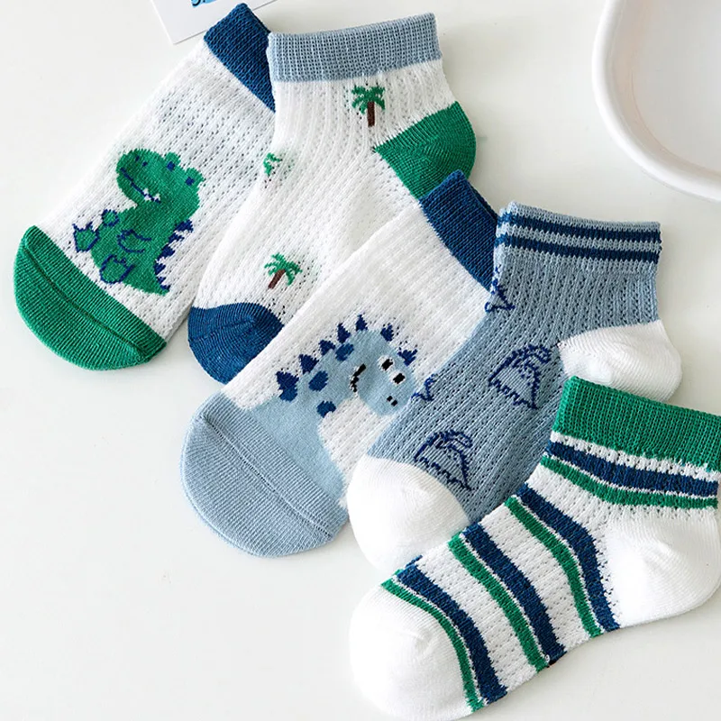 5Pairs Summer Children Short Socks 0-3year Boys Thin Hollow Cotton Sock Cute Cartoon Dinosaur Kids Ankle Socks Baby Footwear