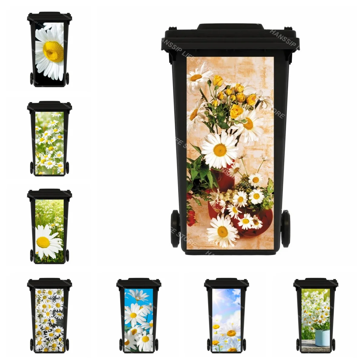 Dense White Daisy Pattern Wheelie Bin Sticker Self Adhesive Anti Scratch Trash Can Wrap for Full Vibrant Outdoor Home Decoration