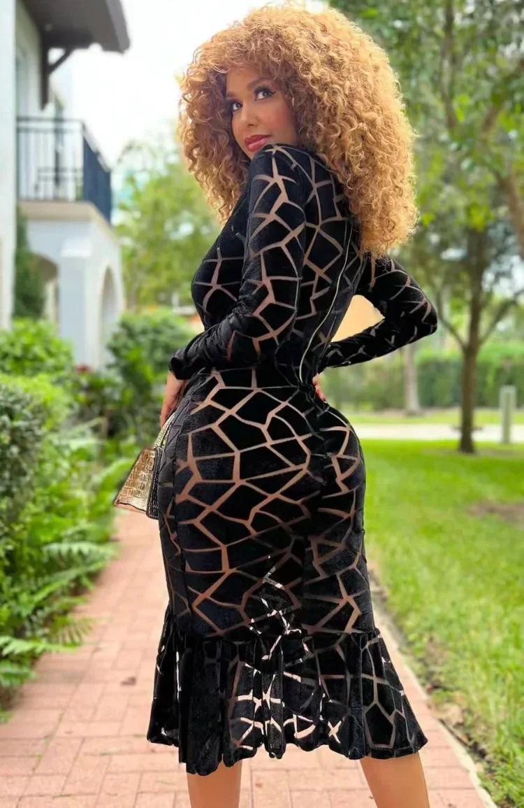 GUWU 여성용 섹시한 메쉬 쉬어 인어 바디콘 드레스, 우아한 V넥 긴 소매 프릴 파티 클럽 원피스, 가을 솔리드 드레스