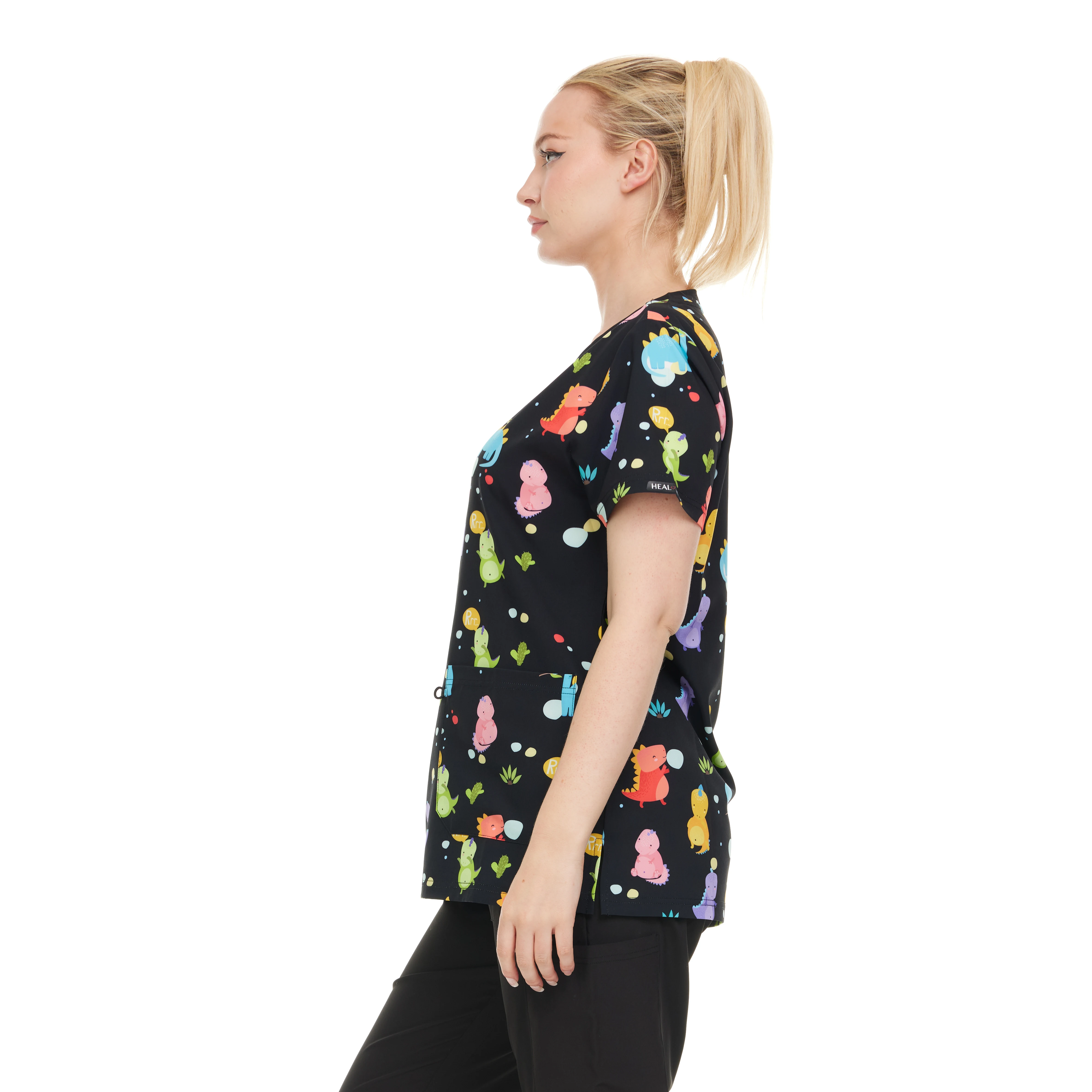 HEAL+WEAR Women's Scrub Top V-Neck Dino Print Multiple Convenient Pockets. 4-Way Stretch Spandex. Wrinkle-Resistant.