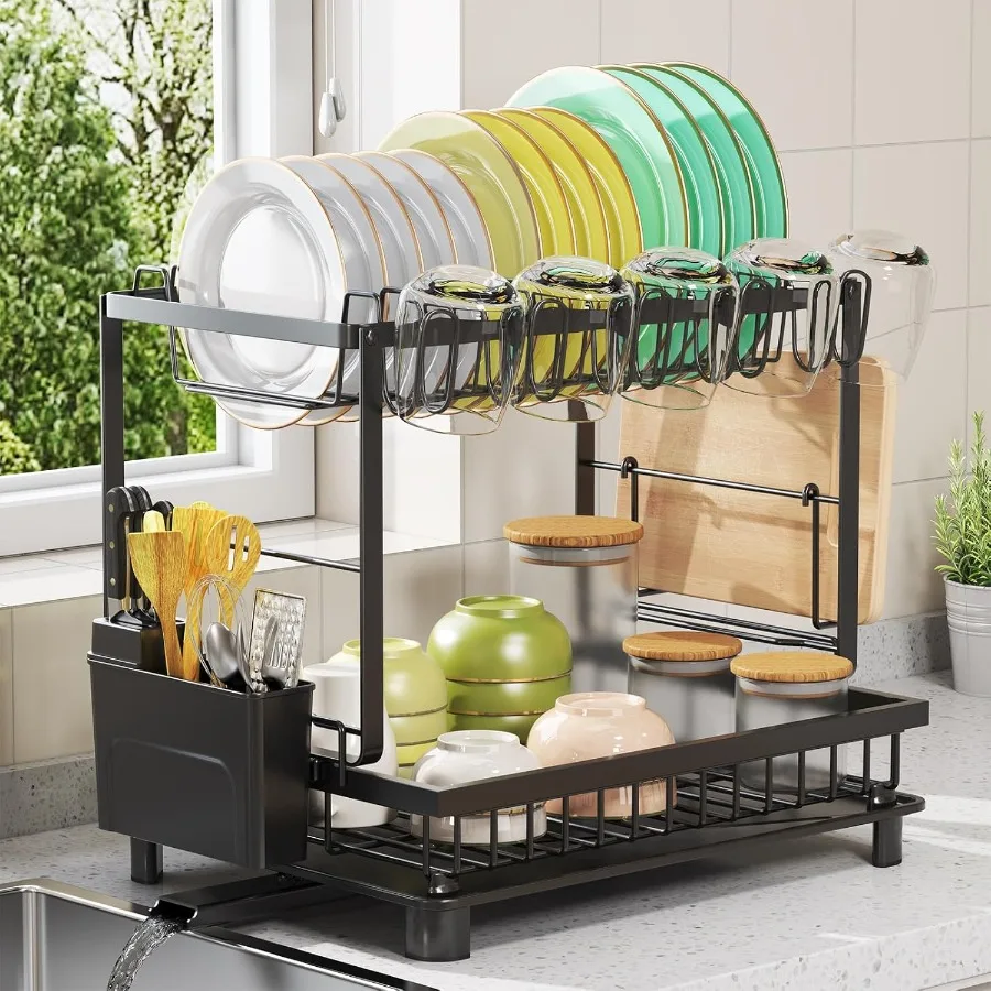 

Multifunctional Dish Drying Rack Rustproof 2Tier Dish Racks with Drainboard SpaceSaving Design Utensil Cup Holder for Kitchen C