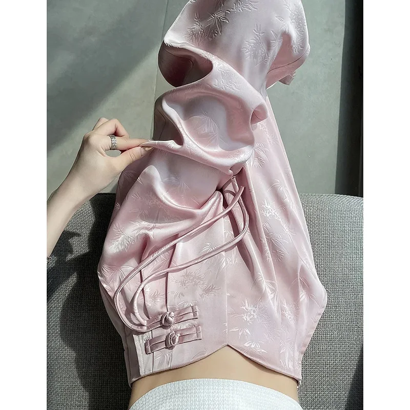 Pink Satin Embossed Wide Leg Pants Women Fashion High Waited Loose Casual Trousers Breathable Elegant Commuter Smooth Pants