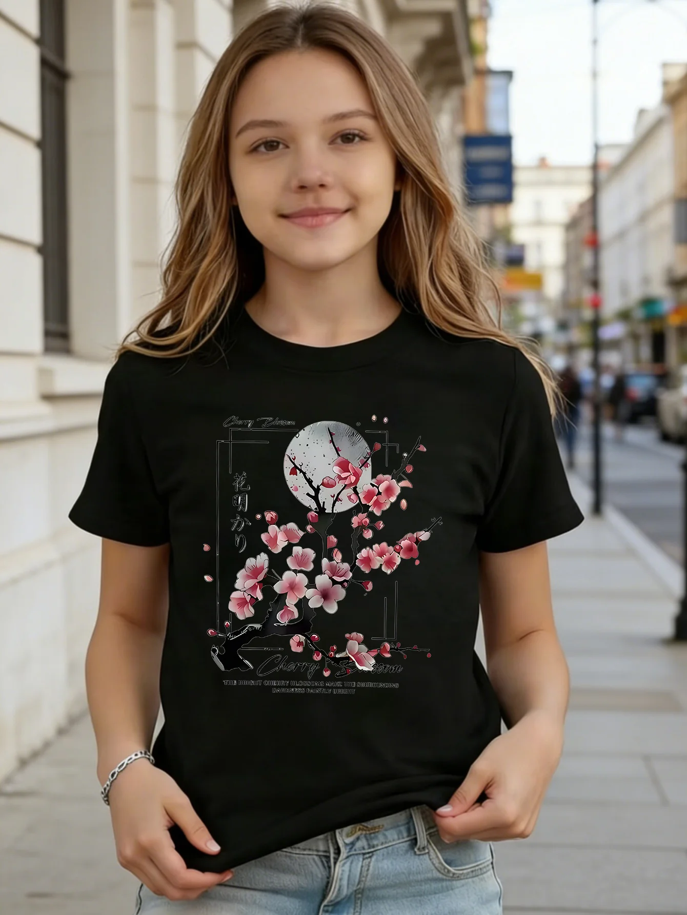 Vintage Asian Style Pink Cherry Blossom Moon Art Print Kids T Shirt Boys Girls Family Matching Summer Crew Neck Casual Tee