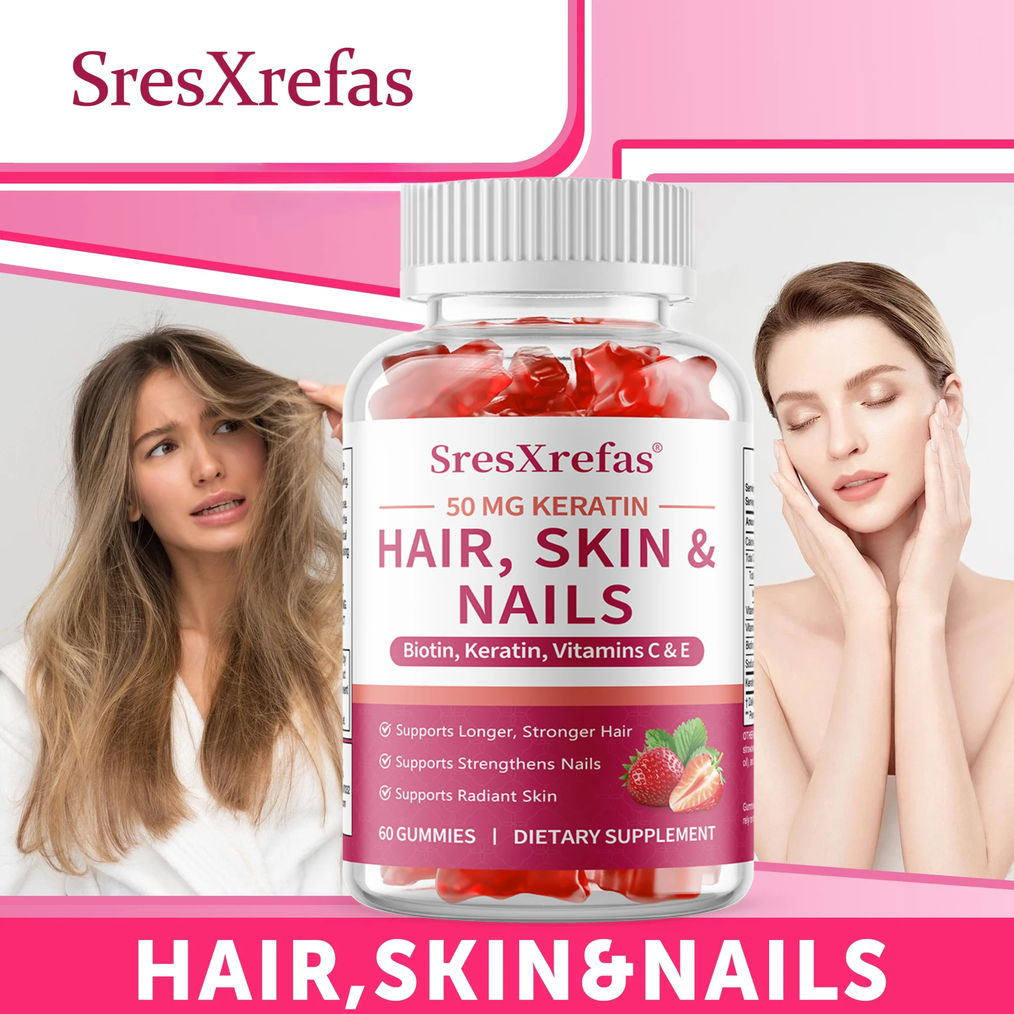 Hair Skin & Nails Gummies, High Potency Biotin & Collagen, Support Hair Growth, Strong Nails & Radiant Glowing Skin, Antioxidant