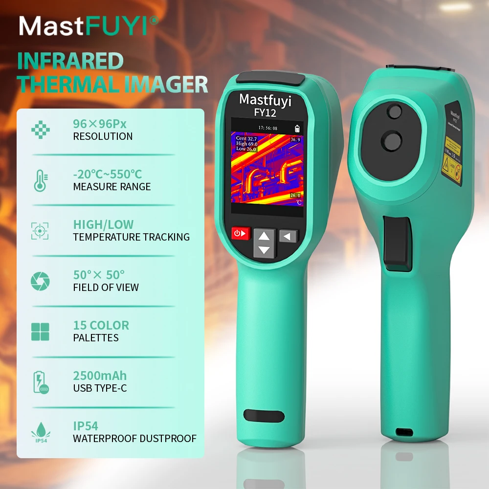 

MASTFUYI FY12 Handheld Thermal Imaging Camera -20~550C 15 color palettes 96×96IR resolution PC Analysis Software Industrial Test