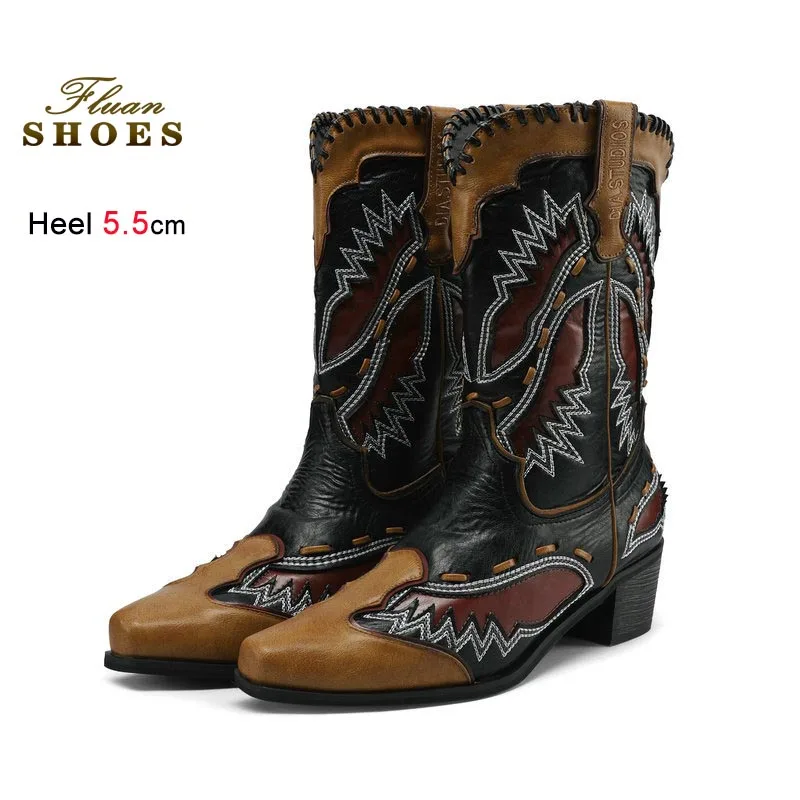 

Новые женские ковбойские сапоги 2026 года с массивным каблуком, модные вышитые сапоги до середины икры на высоком каблуке, повседневные сапоги-наездницы CD