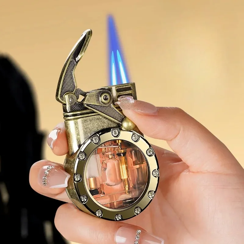 Metal rocker lighter windproof spray double flame transparent window lighter smoking accessories men's gift