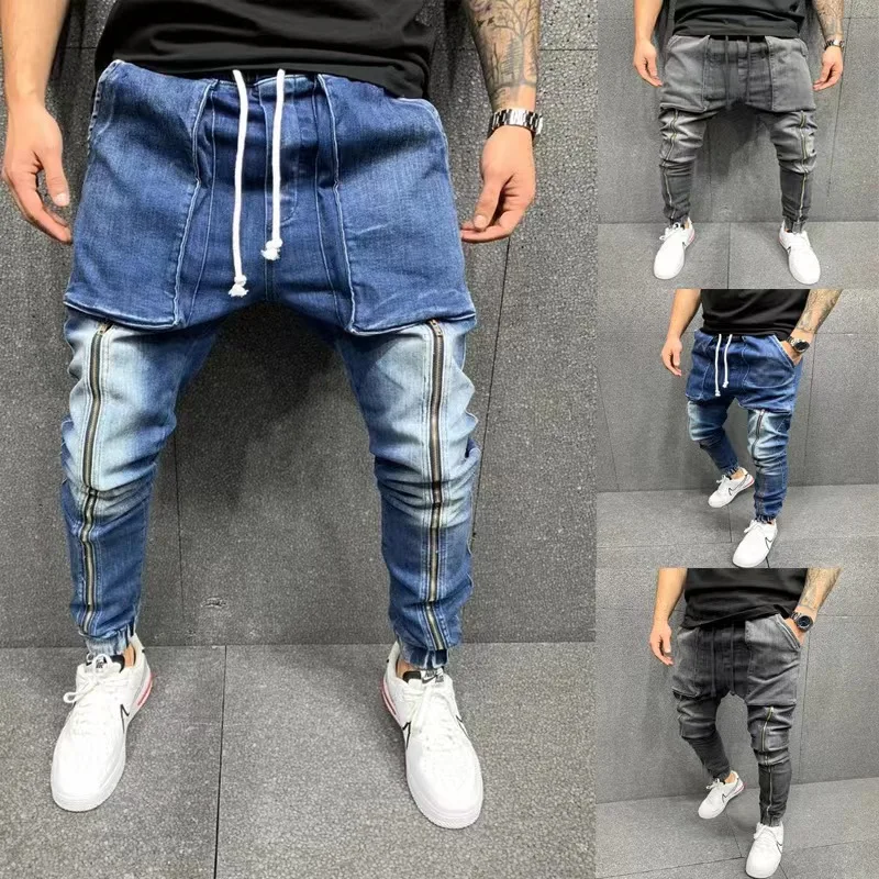 2023 Autumn and Winter Foreign Trade New European and American Men's Denim Fabric Casual Sports Big Pocket Pants Strap Jeans for