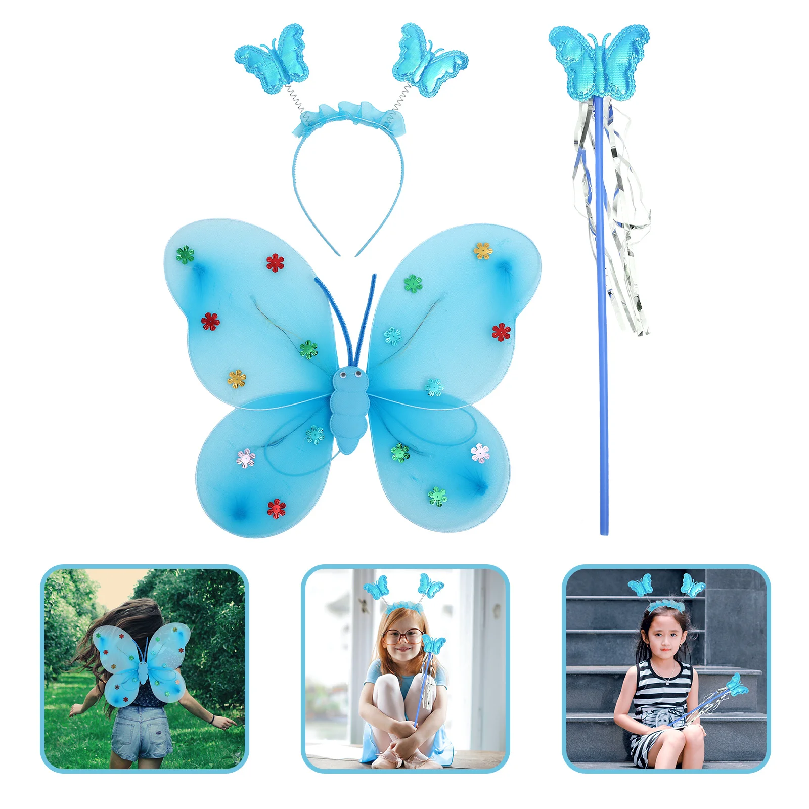 1세트 나비 날개 머리띠 마법봉 라이트 업 요정 의상 소녀 코스프레 파티 할로윈 액세서리 나비 요정 의상