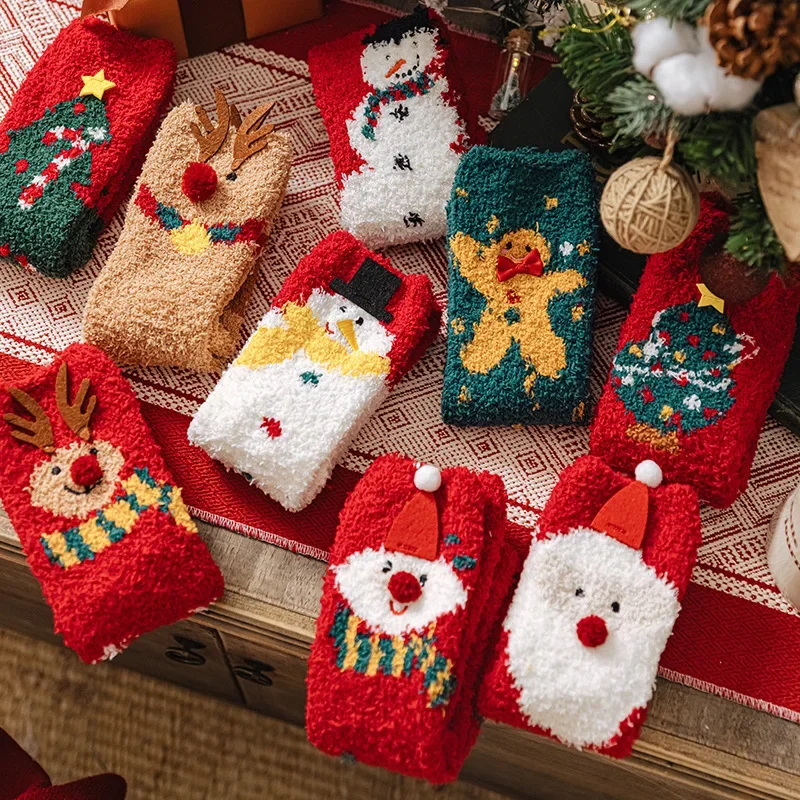 Autumn Winter Thick Half Flannel Christmas Socks for Women Mid Tube Floor Socks Three-dimensional Cartoon Sleep Socks