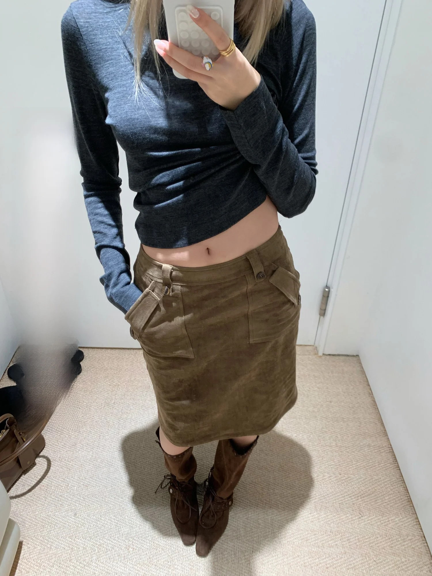 

Ультратонкая юбка А-силуэта с разрезом из замши, повседневная женская юбка средней длины, модная новинка зимы