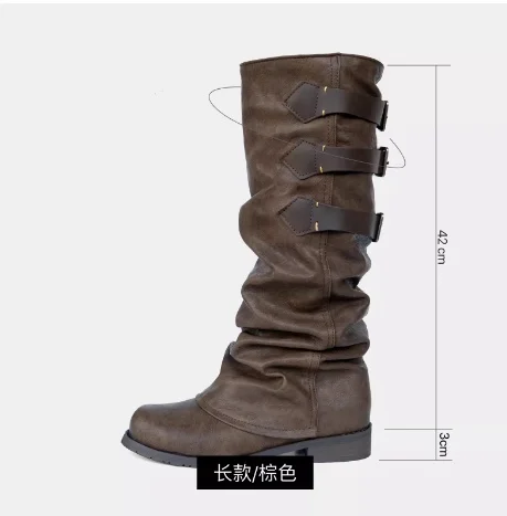 Outside Low Heel Design Buckle Leather Knight Boots Lady Round Toe Pleated Knee High Boots Biker 2024 Gladiator Women Punk Shoes