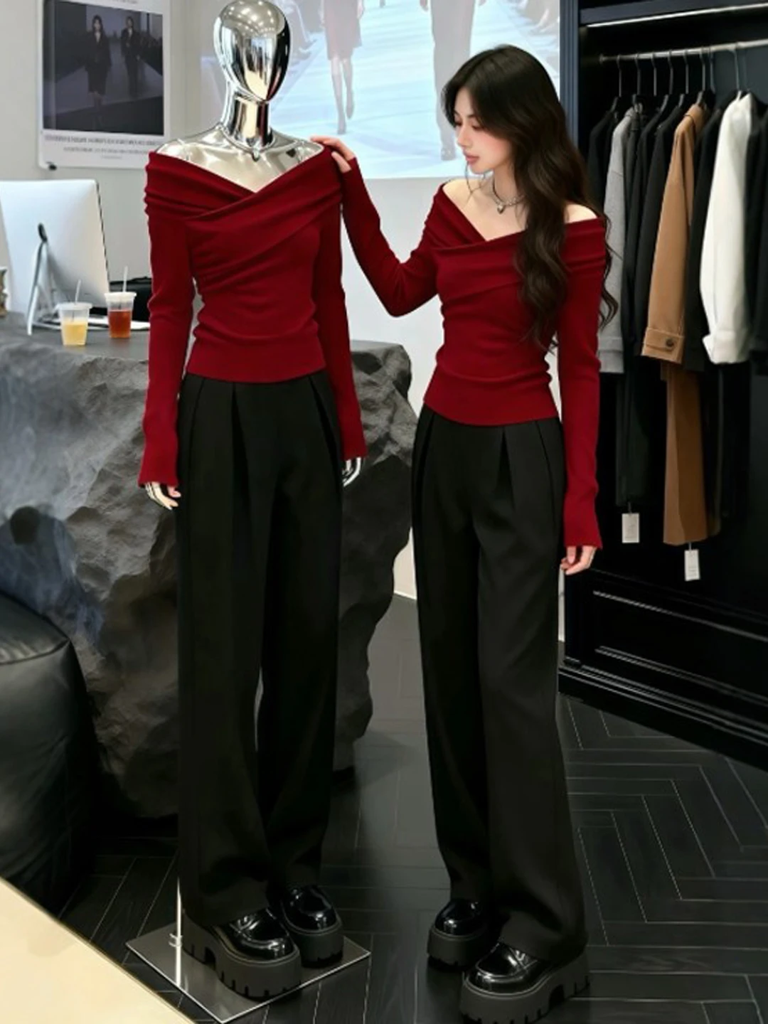 

Unique Beautiful One-oulder Red Knitted Slim Fit Top Korean Sle Long Sve Mid-Thi Non-Henredian Commute Wear