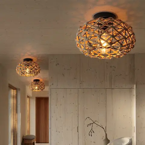 हेम्प रस्सी छत लाइट विंटेज E27 बुना रतन विकर लटकन लैंप बेडरूम कैफे हॉलवे ग्रामीण इलाकों इनडोर सजावट लैंपशेड के लिए 10 best sales छत प्रकाश कवर - №1