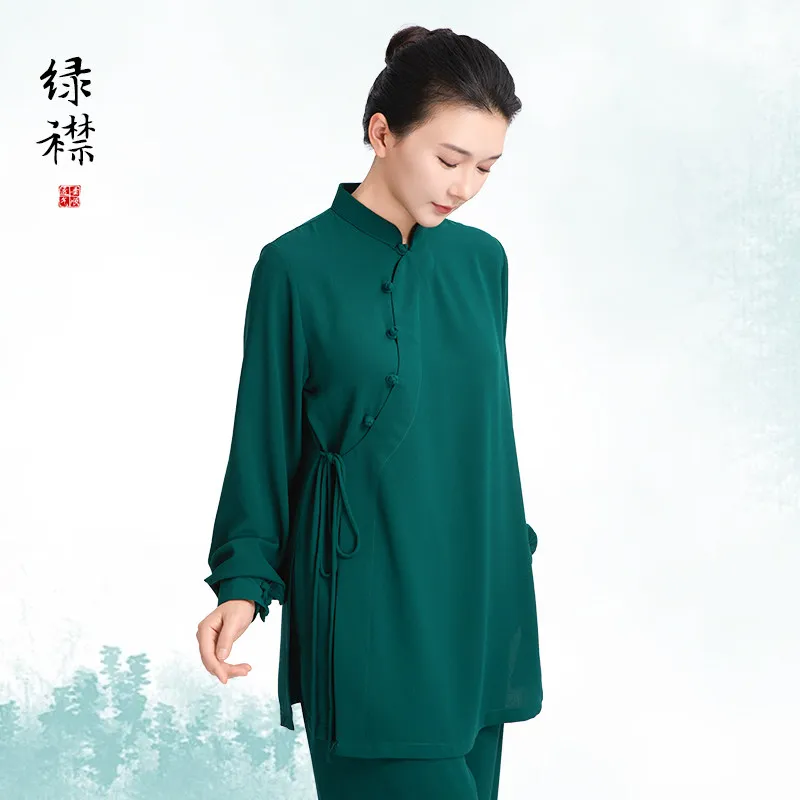 2026 New Women's Tai Chi Uniform Summer Modified Cross-over Collar Tai Chi Baduanjin Martial Arts Practice Chinese Style Long St