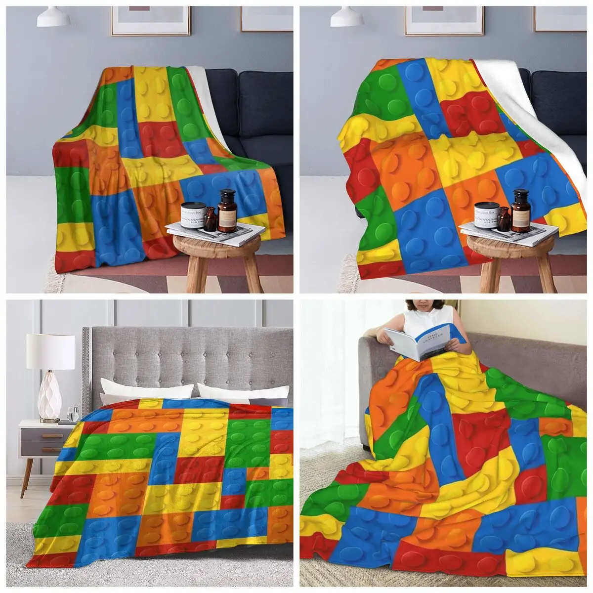 Colorful Bricks Design Blanket Soft Warm Flannel Throw Blanket Cover for Bed Travel Home Couch