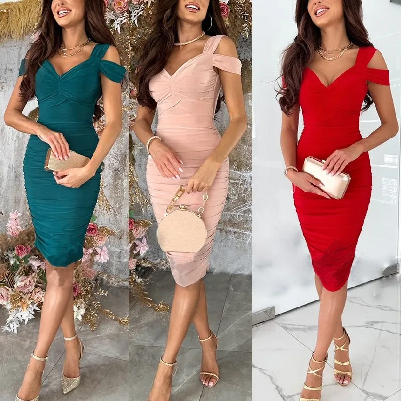 Prom Dress Party Elegant Off Shoulder Short Sleeveless Pencil Dresses Waist Cut-out V Neck Knee Length Evening Wear Women’s