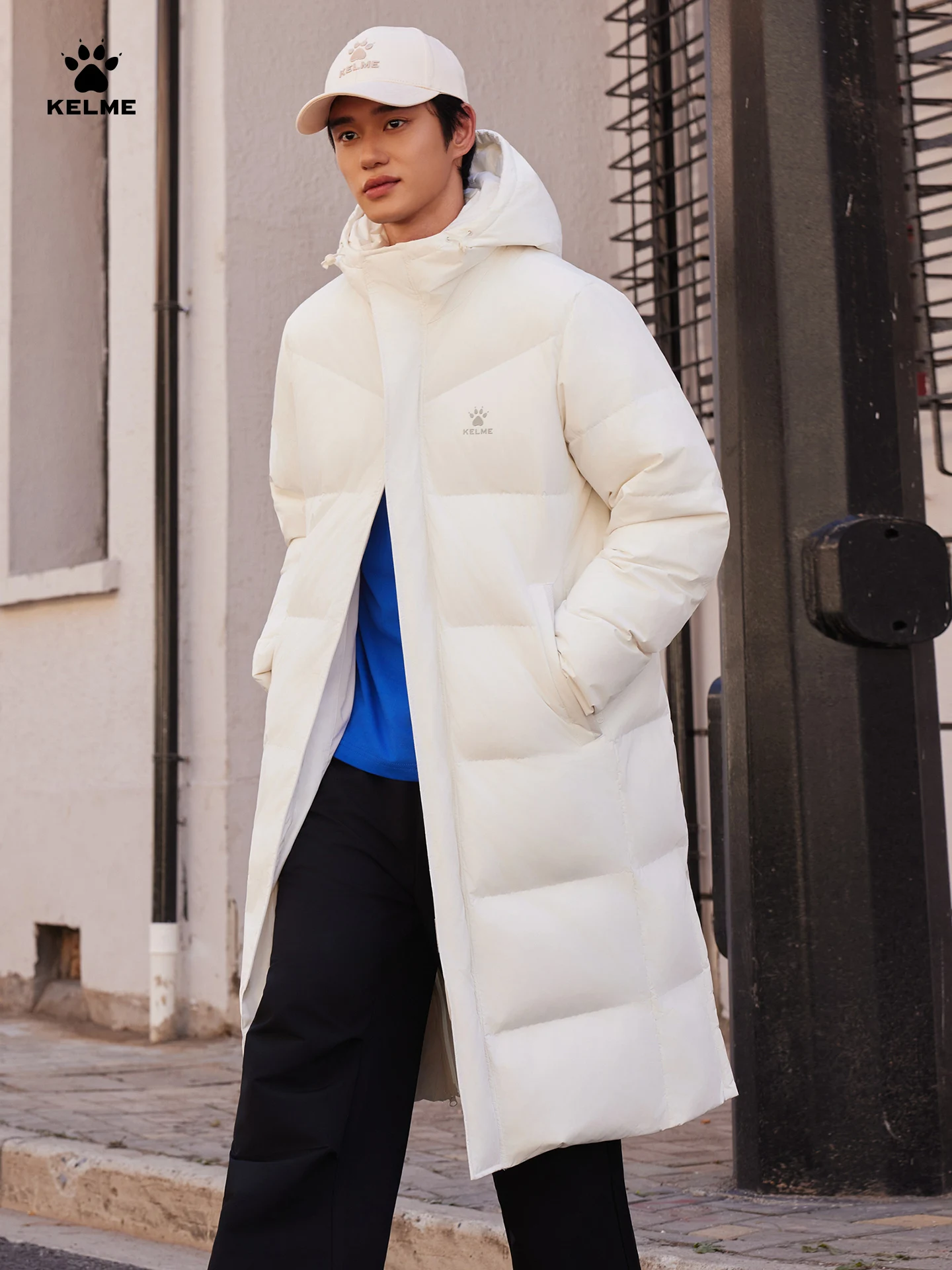 Kelme Men's Long Down Jacket - Knee-length Multi-training Hooded Coat Warm Sports Coat For Outdoor Windproof Cotton Clothing