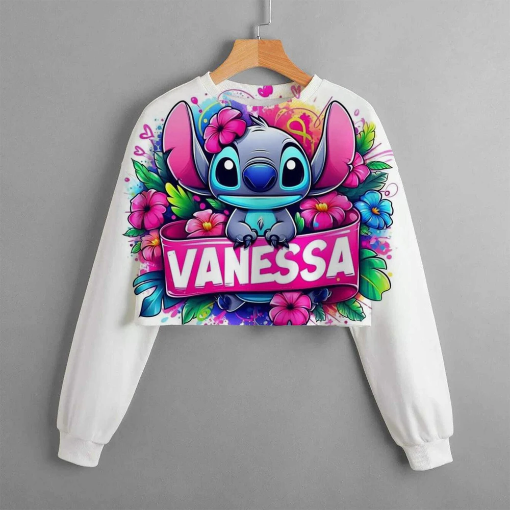 Girls Hoodie Casual Cartoon Anime Fun Print Children\'s Top Spring and Autumn Disney Lilo&Stitch Girls\' Short Round Neck Sweater