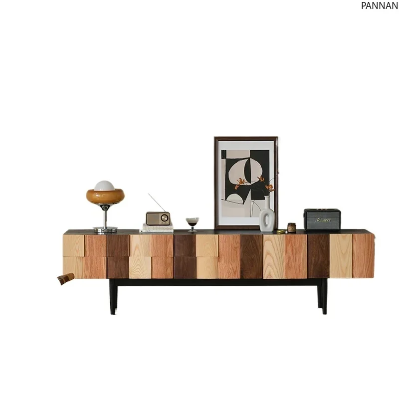 minimalist TV combination cabinet with black walnut solid wood carving and color matching, living room audio-visual cabinet